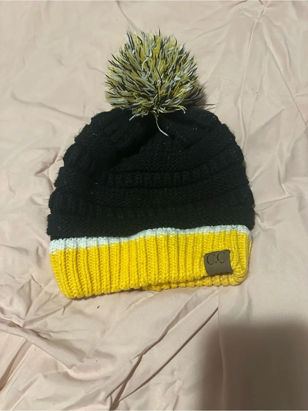 C.C Kids Pom Beanie Hat - Black, Yellow & White